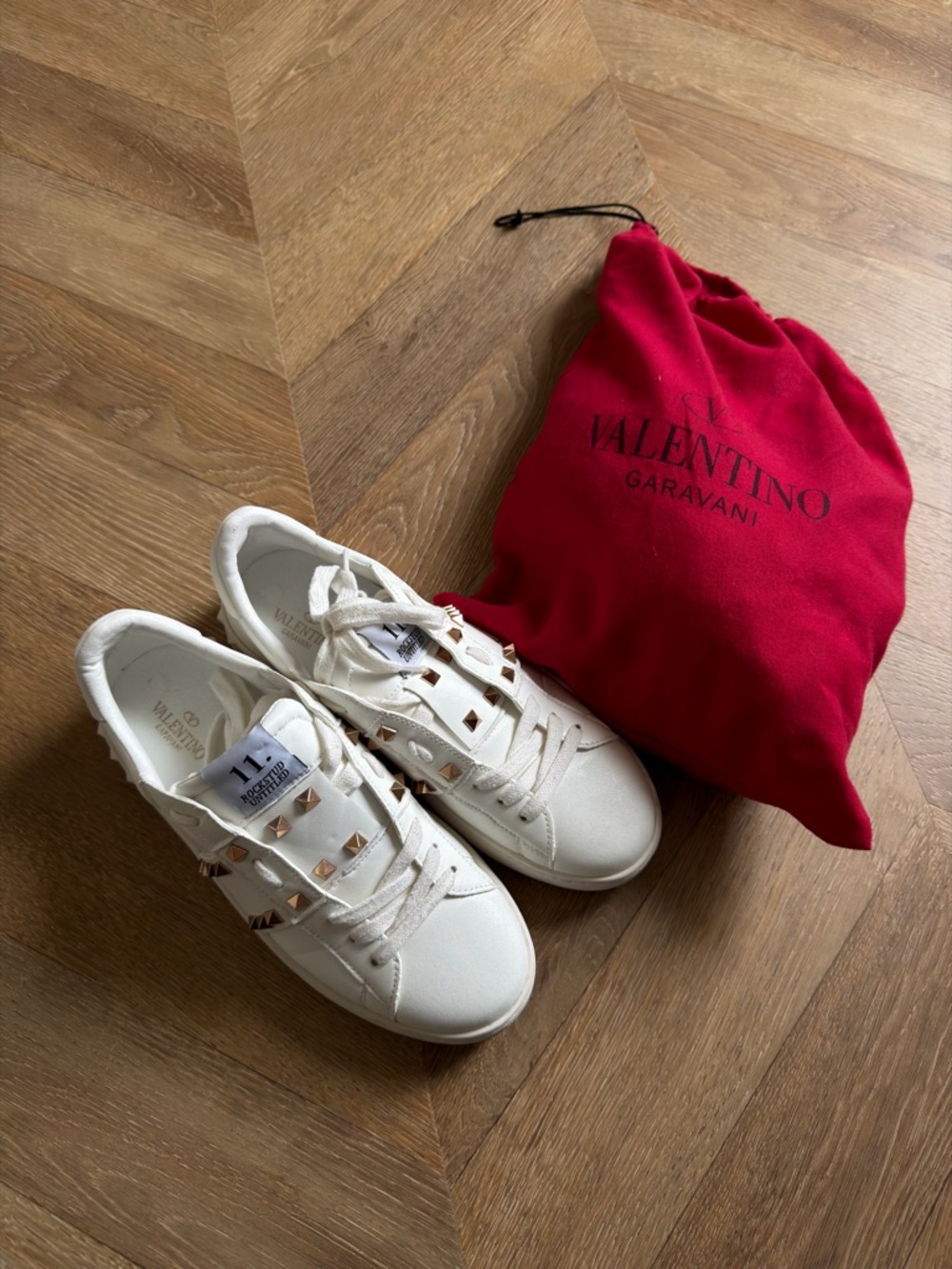 Valentino Garavani White Leather Sneakers with Gold Rockstuds